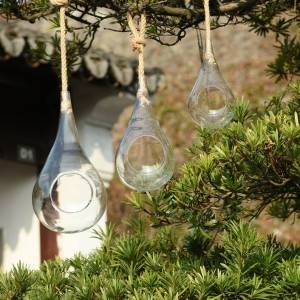 hanging teardrop terrariums held by rope, large plant terrarium, glass planters indoor, decorate bedroom window, outdoor ornaments