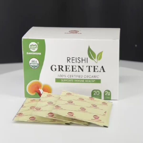  USDA Organic Reishi Mushroom Green Tea Bags - Instant Herbal Tea with Ganoderma Lucidum -Boost Immune System& Stress Relief