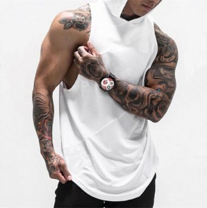 Hooded Fitness Three Piece Mesh Men’S Cotton Sleeveless T-Shirt Vest Bodybuilding Long Gym Workout Loose Tank Top