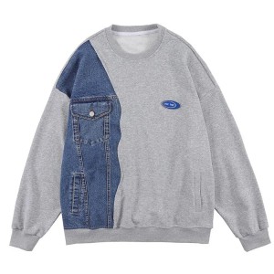 Front Pocket Denim Patchwork Sweatshirt Custom Print Logo Round Neck Hoodie Casual Sweatshirts