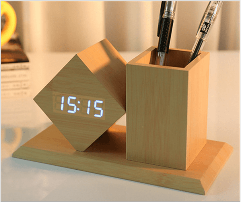 LED temperature wooden alarm clock diamond pen holder voice-controlled electronic memory table clock can be customized1
