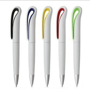 Turn the pen holder twice to form a plastic ballpoint pen. The swan neck shape clip has color advertising pens inside.