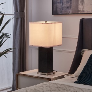 Black Wood Table Lamp, Black Leather | Goodly Light-GL-TLM025