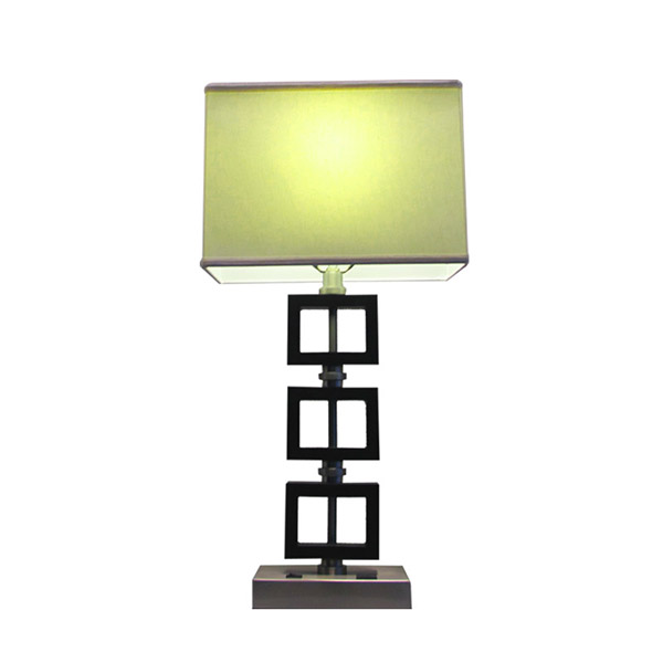 Modern Wood Table Lamp AC Power Outlet in Base Steel Open Rectangle White Shade
