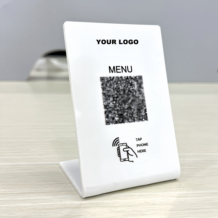 NFC table stand display Acrylic NTAG213 215 216 for restaurant menu Google review facebook Instagram Whatsapp
