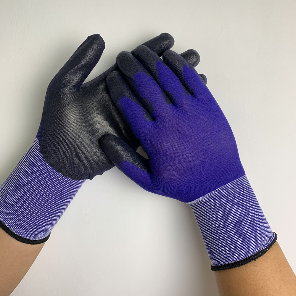 18g Blue Nylon high flexible Black PU Coated Gloves