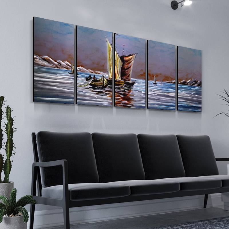 saling boat in peace lake 3D metal aluminum oil painting modern wall arts decor 100% handmade