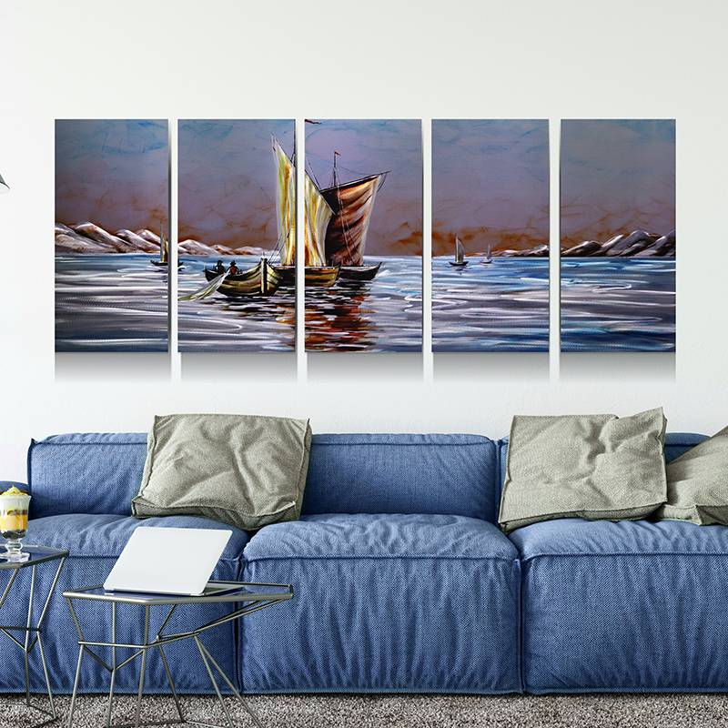 saling boat in peace lake 3D metal aluminum oil painting modern wall arts decor 100% handmade