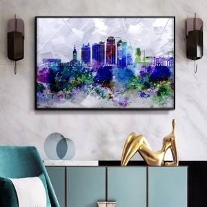 3D brush print modern city skyline metal oil painting wall art interior decor