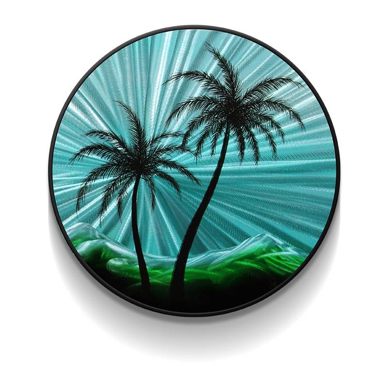 Coconut Tree Circle 3D Blue Metal Oil Painting for Modern Interior Home Decoration Wall Arts