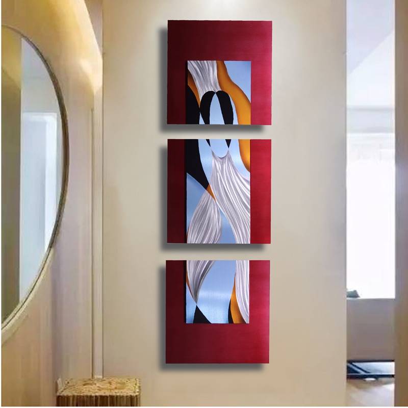 Red silver 3 panels large 3D metal oil painting modern wall sculpture glossy arts wholesale from China factory