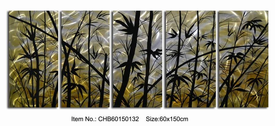 yellow gold black bamboo 3D metal oil painting modern 5 panels wall arts wholesale from China factory Featured Image
