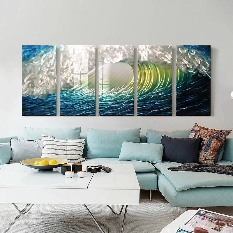 100% hand paint blue seawave 3D metal oil painting for interior decor wall arts
