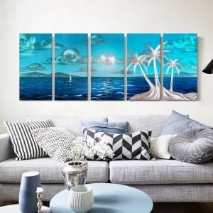 100% hand paint coconut tree seascape 3D metal oil painting for interior decor wall arts