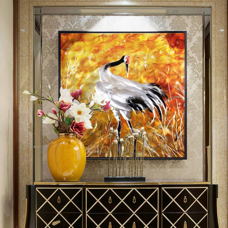100% hand paint crane 3D metal animal oil painting for interior decor wall arts