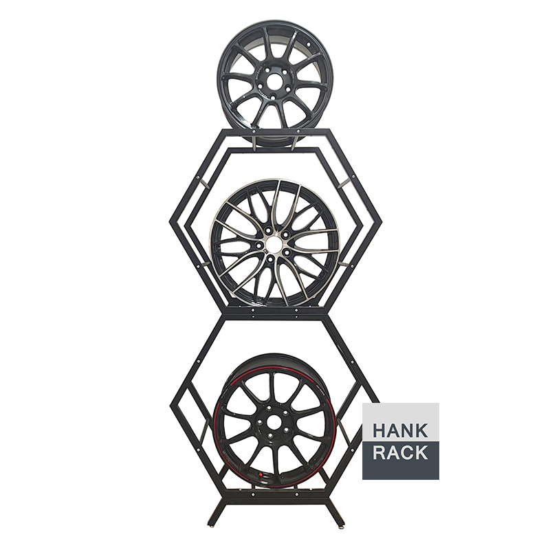 Honeycomb Shape Display Stand for Car Wheel Rims Hexagonal Wheel Rack Featured Image