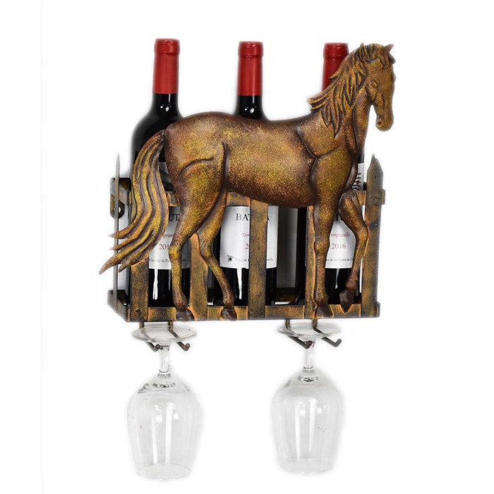 Lovely Horse Wall Mounted Wine Bottle Racks With 2 Glass Bottle