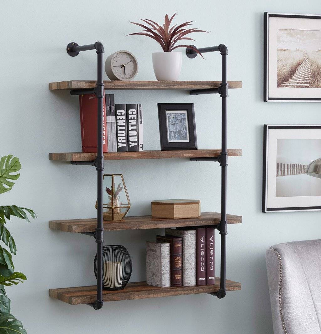 4-Shelf Retro Cast iron Pipe Shelf Unit, Metal Decorative Pipe Fitting Book Shelf for Home or Office Book Organizer