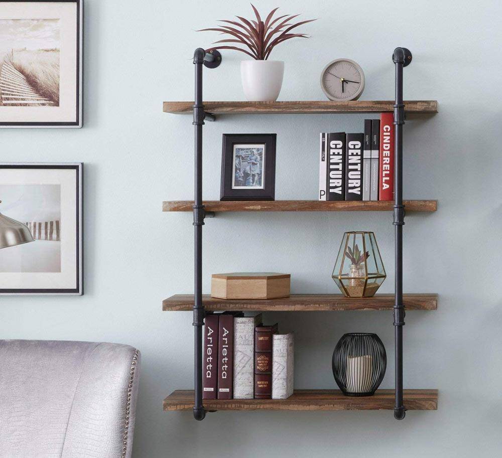 4-Shelf Rustic Pipe Shelving Unit, Metal Decorative Accent Wall Book Shelf for Home decor