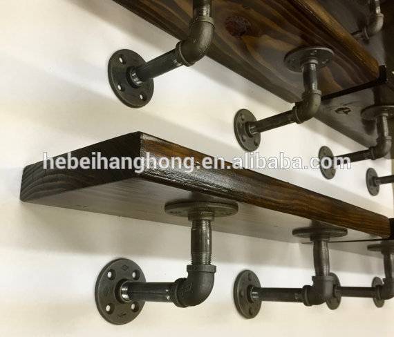 DIY black metal pipe and wood shelves with cast iron floor flange, elbow, pipe fittings