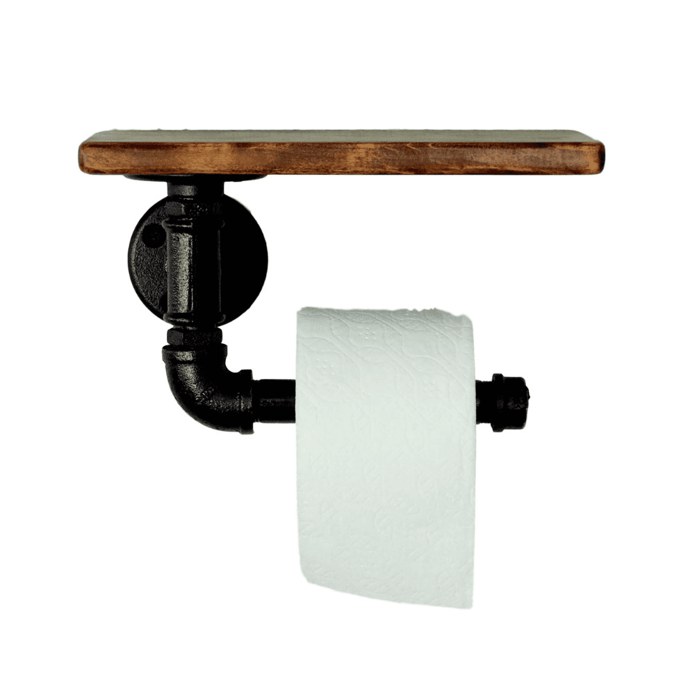 Urban Industrial Wall Mount Wood Storage Shelf Iron Pipe Toilet Paper Holder Roller Restaurant Restroom Bathroom