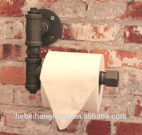 TOILET ROLL HOLDER Industrial Iron Water Pipe L Shape 'T' & Nut Vintage Washroom Bathroom Malleable Flange Fitting to Wall wc