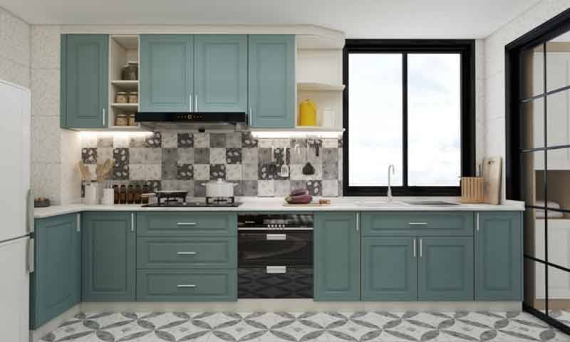 U-shaped Kitchen with Gray Cabinets in North European Style