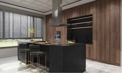 Luxury Kitchen Cabinet with Islands and Seats in Gray and Black