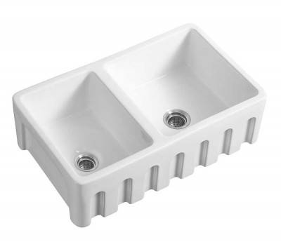 Double Bowl Fireclay Farmhouse Kitchen Sink 33 inch with Grid