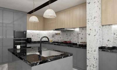 Modern Design ng Kusina sa pamamagitan ng Grey Cabinets at Black Countertop Island