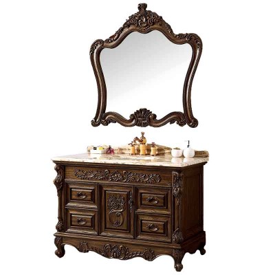Carved Antique 48-inch Bathroom Vanity with Framed Mirror and Tops