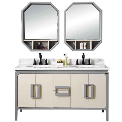 60-inci Bilik mandi Double Sink Vanity, Wood Mandi Dual Mirror Kabinet