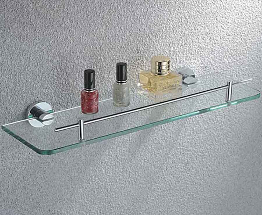 Glass Bathroom Shelf with Bar | Wall-mounted Glass Shelf