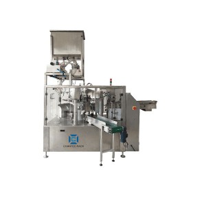 Rotary liquid spout doypack pouch filling packing machine
