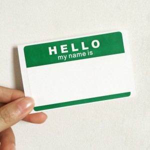 “Hello,My Name Is” Blank Eggshell Sticker – Green