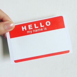 “Hello,My Name Is” Blank Eggshell Sticker – Red