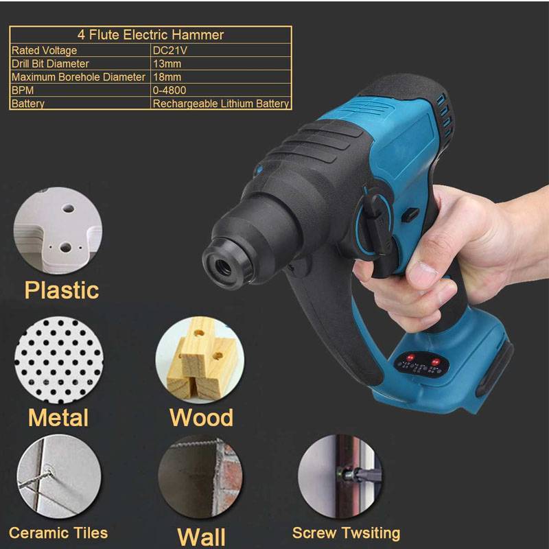 Multifunctional 4 Flute Wireless Electric Rotary Hammer For Makita 18V Battery 