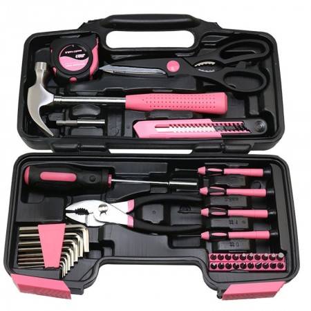 39pcs/set Pink DIY Household Hand Tool Car Maintenance Tools Kit Hammer Pliers Scissors With Hard Storage Case