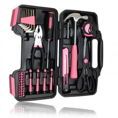 39PC Pink Tool Set Ladies Hand Tool Set with Easy Carrying Pouch Home Tool Set for DIY Home Maintenance
