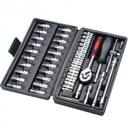 46pcs Combination Tool Set 1/4 Ratchet Wrench Socket Screwdriver Kit with Plastic Toolbox Household Car Repair Hand Tool Set