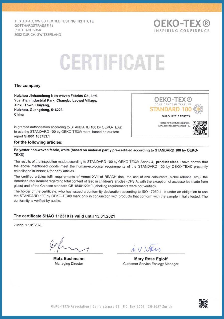 Certificat OEKO-TEX 100