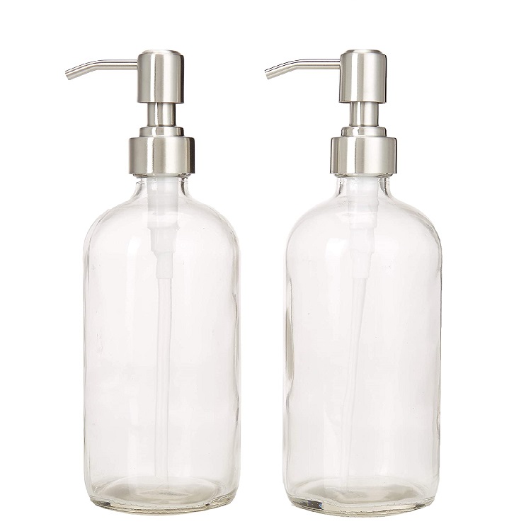 8 Ounce 16 Ounce Clear Glass Boston Round Bottles with Stainless Steel Lotion Pumps