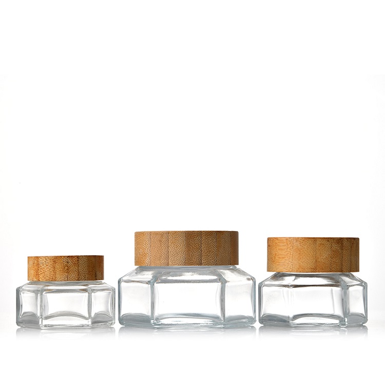 Wholesale Hexagonal 30ML 50ML 100ML Crystal Cosmetic Glass Jar Cream with Bamboo Wooden Lid