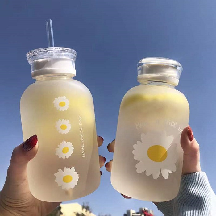 480ml Milk Juice Cute Water Bottle with Scale 2 Lids Little daisy Matte Portable Transparent Water Cup Glass Bottles Featured Image