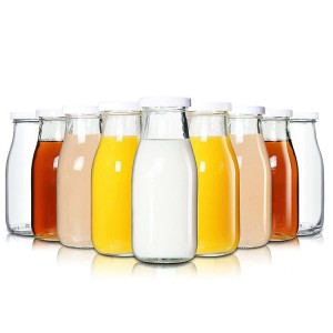 11oz Glass Milk Bottles with Reusable Metal Twist Lids and Straws for Beverage
