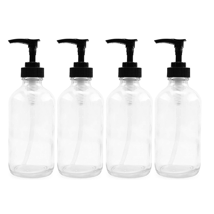 Refillable Liquid Soap Dispenser Transparent Boston Round Bottles with Black Lotion Pump Featured Image