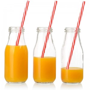 11oz Glass Milk Bottles with Reusable Metal Twist Lids and Straws for Beverage