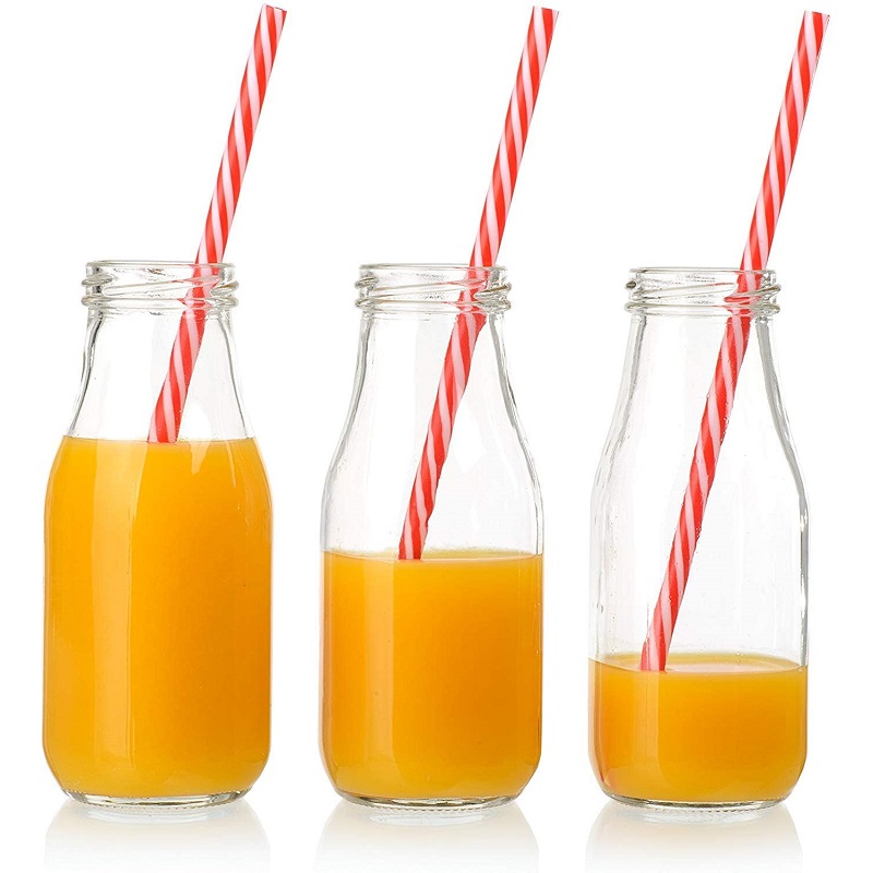 11oz Glass Milk Bottles with Reusable Metal Twist Lids and Straws for Beverage Featured Image