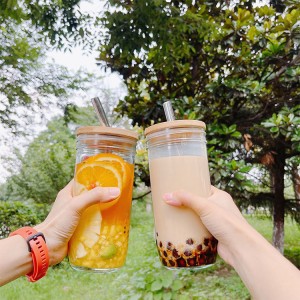 Iced Coffee Cups Reusable Wide Mouth Smoothie Cups With Lids and Silver Straws Mason Jar Glass Cups