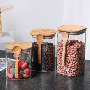 Borosilicate Glass Canister Kitchen Food Storage Containers with Wood Lids and Spoon for Coffee Beans Loose Tea Nuts Sugar Candy Spice